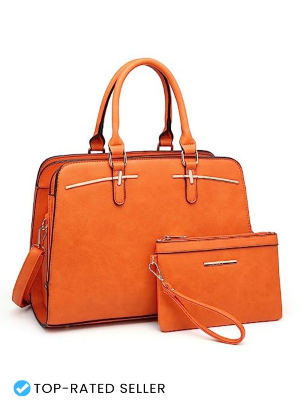 Women's Vegan Leather Satchel Set with Wallet - 3 Compartments, Gold Hardware,
